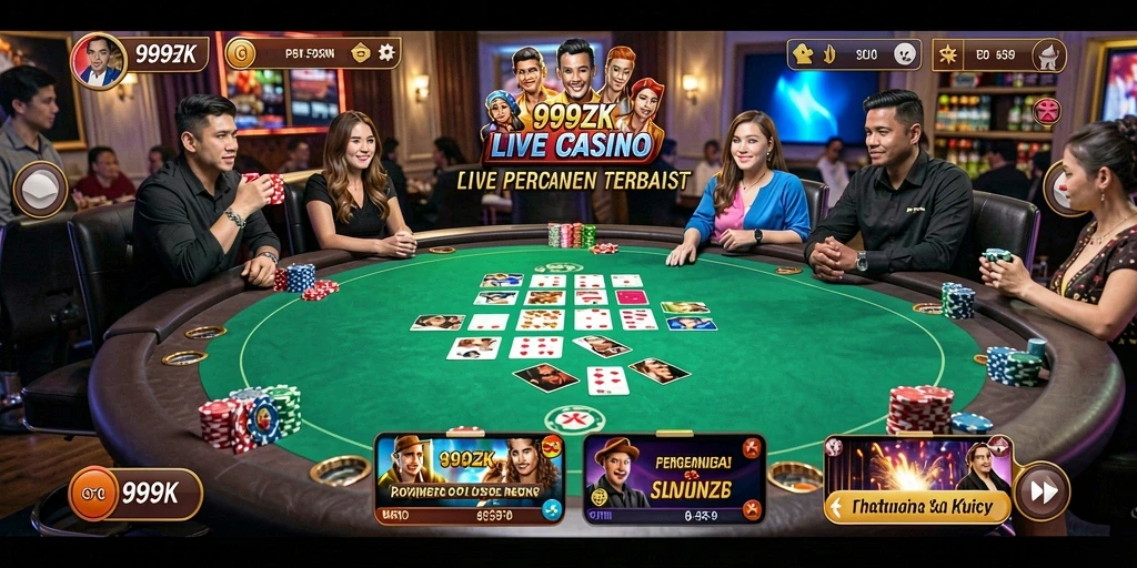Screenshot permainan Live Casino 999ZK menunjukkan dealer langsung dan pemain berinteraksi.