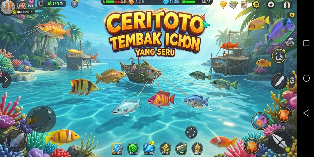 Tangkapan layar menampilkan gameplay seru dalam CERITOTO dengan berbagai ikan yang dapat ditangkap.