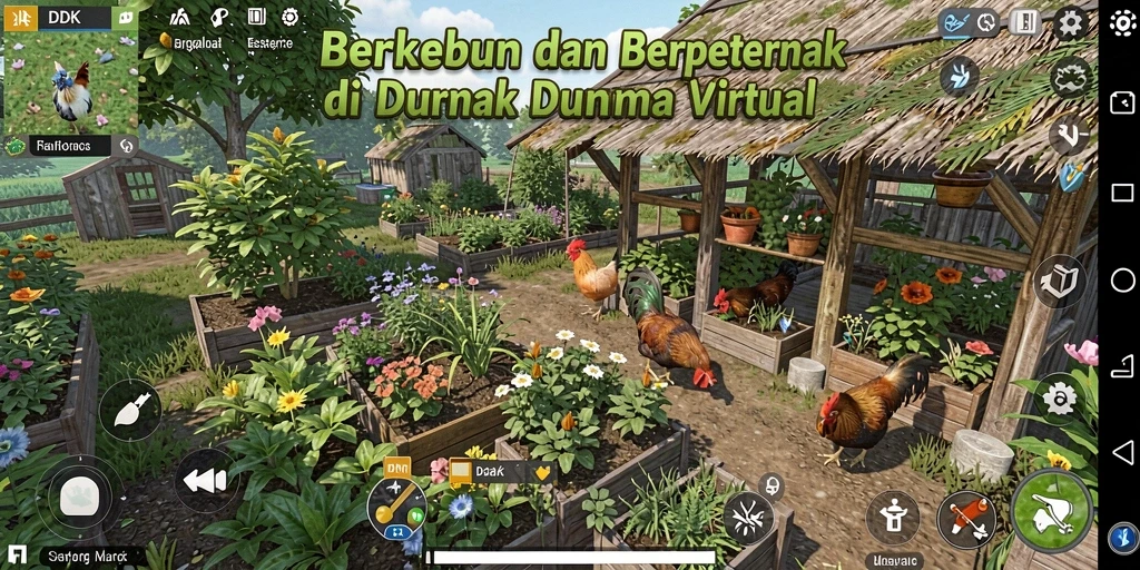 Tangkapan layar gameplay <strong>DKK</strong> yang menampilkan kebun yang subur dan hewan ternak.