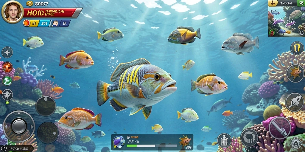 Tangkapan layar permainan GOD77 saat menembak ikan di lautan.