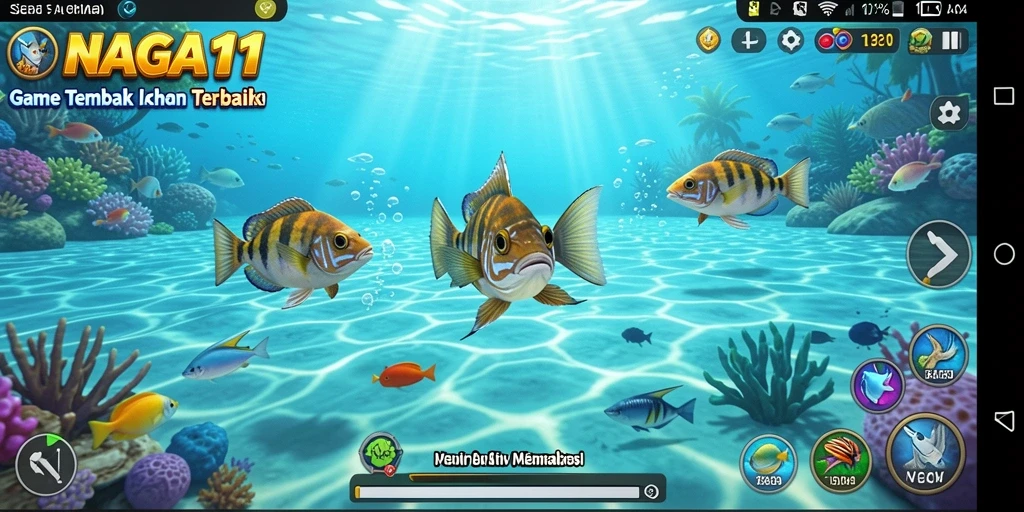 Screenshot gameplay NAGA11 menampilkan aksi seru menangkap ikan.