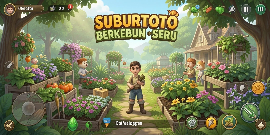 Gameplay SUBURTOTO menampilkan aktivitas berkebun yang seru.